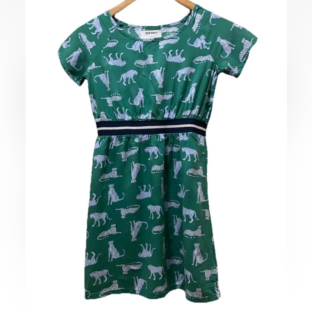 Old Navy Green Leopard Print Casual Dress with Navy Waistband